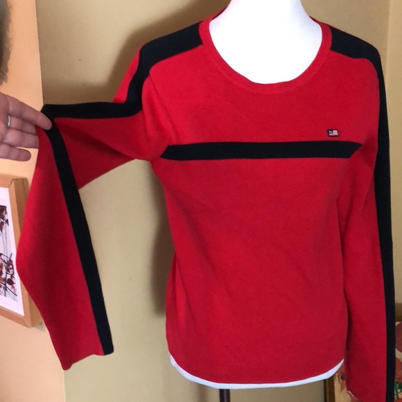 Vintage RALPH LAUREN Size Large Pullover Red Black Ribbed Cotton Embroidery Flag - Picture 3 of 16